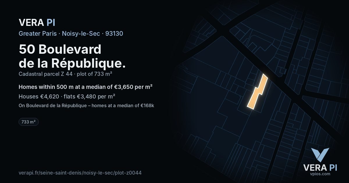 50 Boulevard de la République, Noisy-le-Sec at night – the plot lit, the parcels around coloured by the prices near them