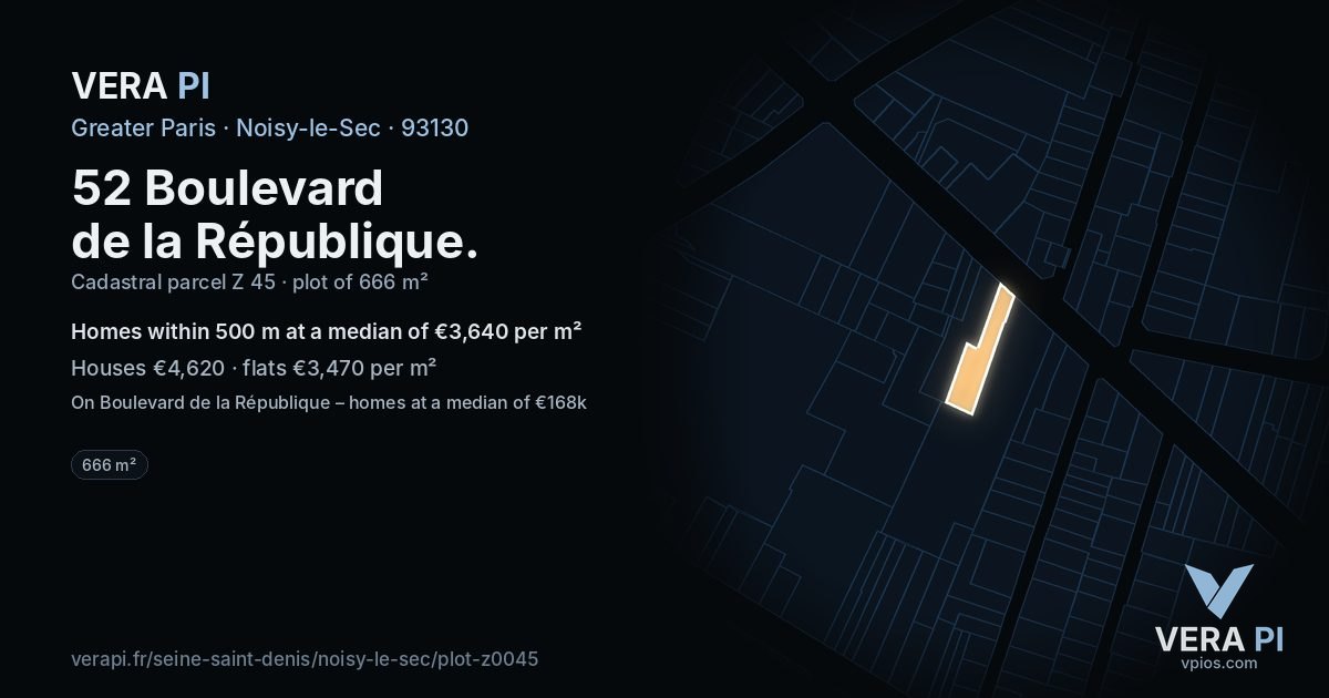52 Boulevard de la République, Noisy-le-Sec at night – the plot lit, the parcels around coloured by the prices near them