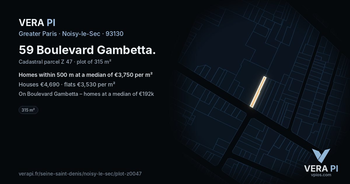 59 Boulevard Gambetta, Noisy-le-Sec at night – the plot lit, the parcels around coloured by the prices near them