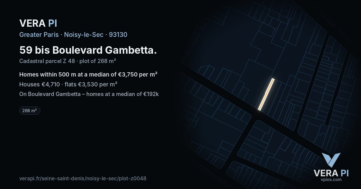 59 bis Boulevard Gambetta, Noisy-le-Sec at night – the plot lit, the parcels around coloured by the prices near them