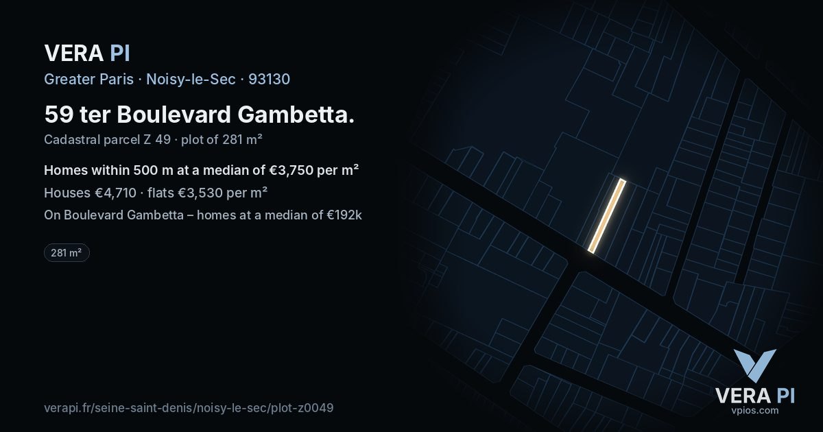 59 ter Boulevard Gambetta, Noisy-le-Sec at night – the plot lit, the parcels around coloured by the prices near them