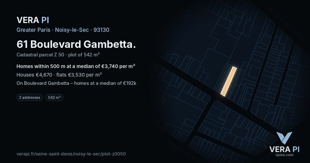 61 Boulevard Gambetta, Noisy-le-Sec at night – the plot lit, the parcels around coloured by the prices near them