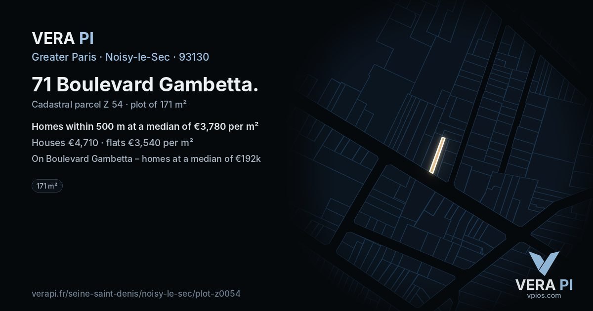 71 Boulevard Gambetta, Noisy-le-Sec at night – the plot lit, the parcels around coloured by the prices near them