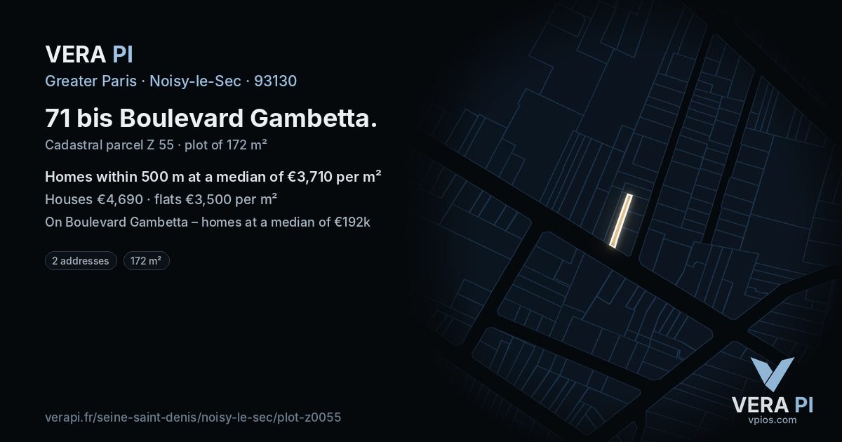 71 bis Boulevard Gambetta, Noisy-le-Sec at night – the plot lit, the parcels around coloured by the prices near them