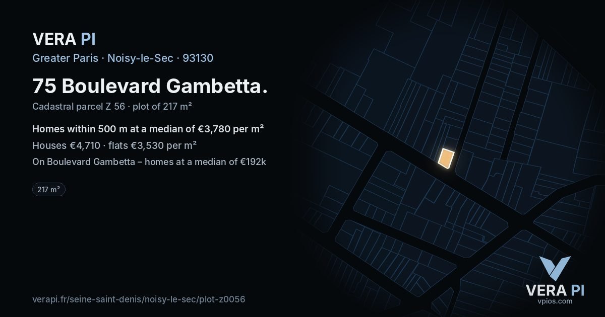 75 Boulevard Gambetta, Noisy-le-Sec at night – the plot lit, the parcels around coloured by the prices near them