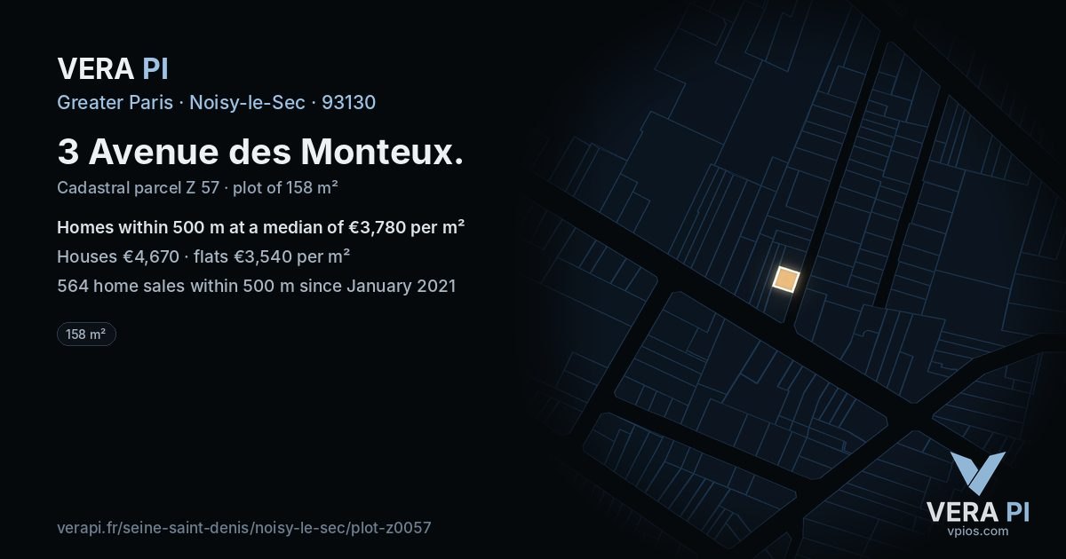 3 Avenue des Monteux, Noisy-le-Sec at night – the plot lit, the parcels around coloured by the prices near them