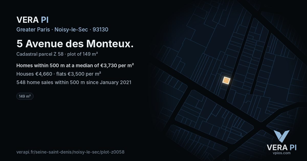 5 Avenue des Monteux, Noisy-le-Sec at night – the plot lit, the parcels around coloured by the prices near them