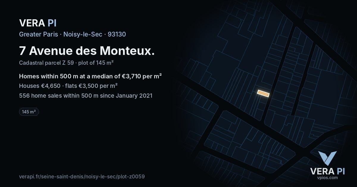 7 Avenue des Monteux, Noisy-le-Sec at night – the plot lit, the parcels around coloured by the prices near them