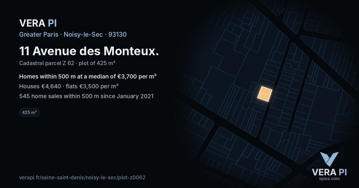 11 Avenue des Monteux, Noisy-le-Sec at night – the plot lit, the parcels around coloured by the prices near them