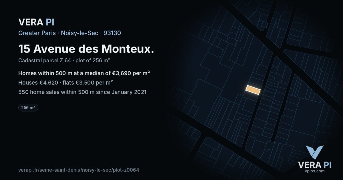 15 Avenue des Monteux, Noisy-le-Sec at night – the plot lit, the parcels around coloured by the prices near them