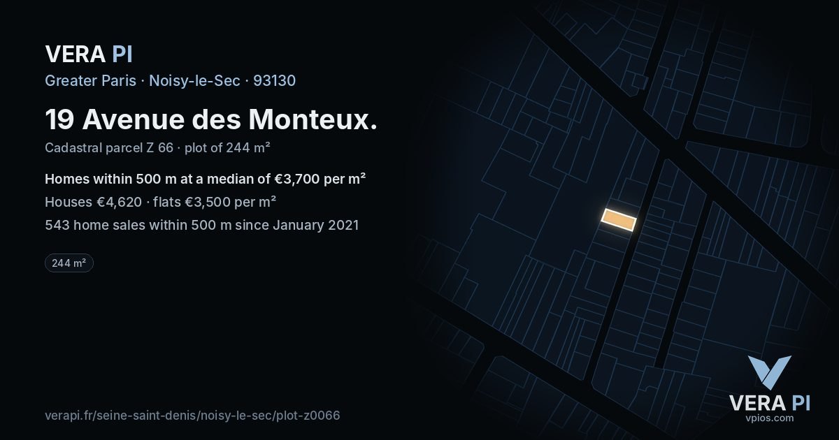 19 Avenue des Monteux, Noisy-le-Sec at night – the plot lit, the parcels around coloured by the prices near them