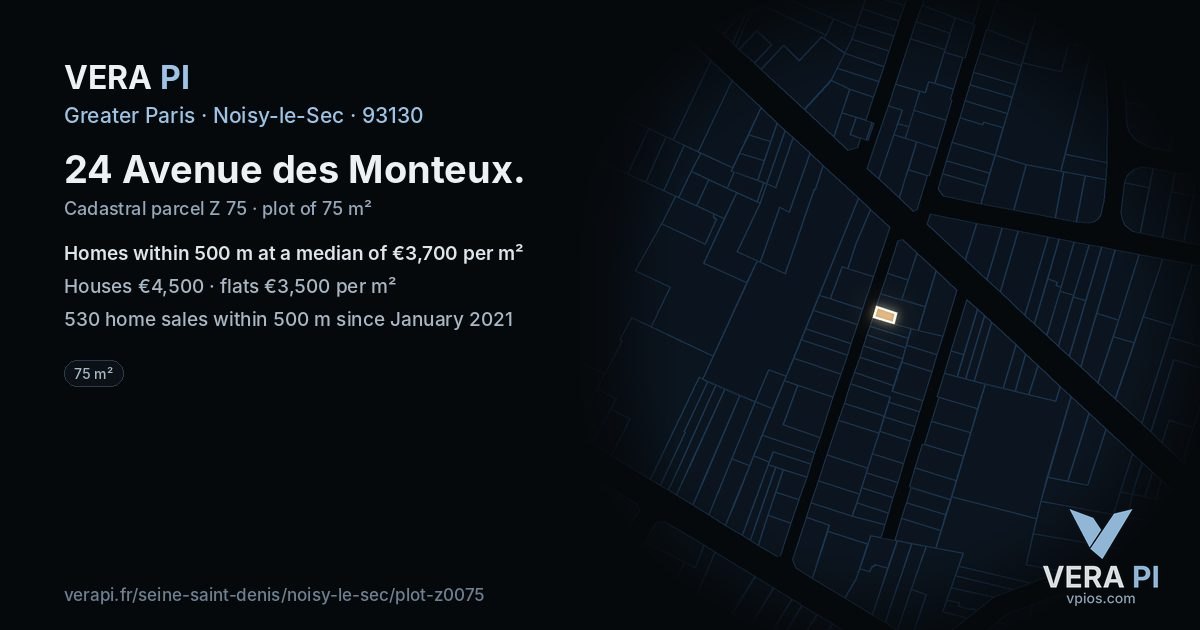 24 Avenue des Monteux, Noisy-le-Sec at night – the plot lit, the parcels around coloured by the prices near them