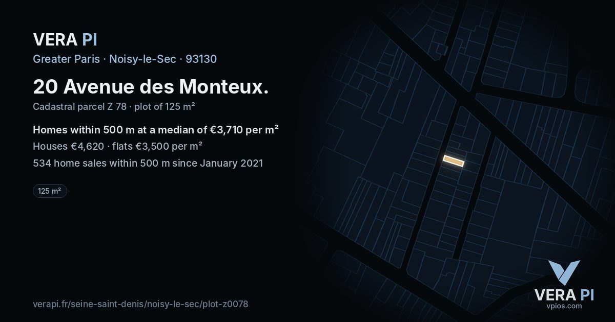 20 Avenue des Monteux, Noisy-le-Sec at night – the plot lit, the parcels around coloured by the prices near them