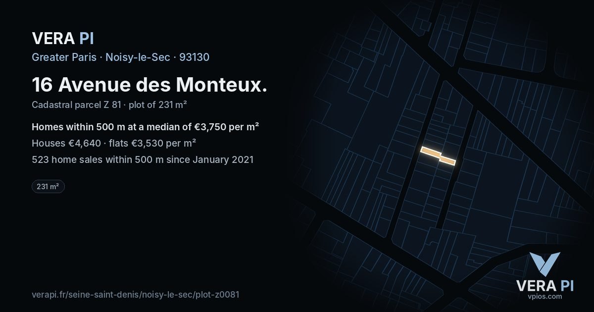 16 Avenue des Monteux, Noisy-le-Sec at night – the plot lit, the parcels around coloured by the prices near them