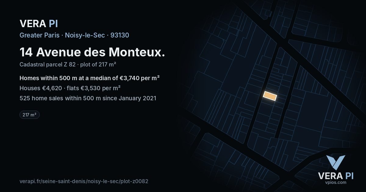 14 Avenue des Monteux, Noisy-le-Sec at night – the plot lit, the parcels around coloured by the prices near them