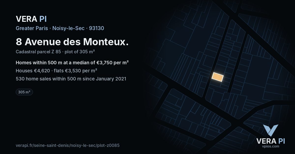 8 Avenue des Monteux, Noisy-le-Sec at night – the plot lit, the parcels around coloured by the prices near them