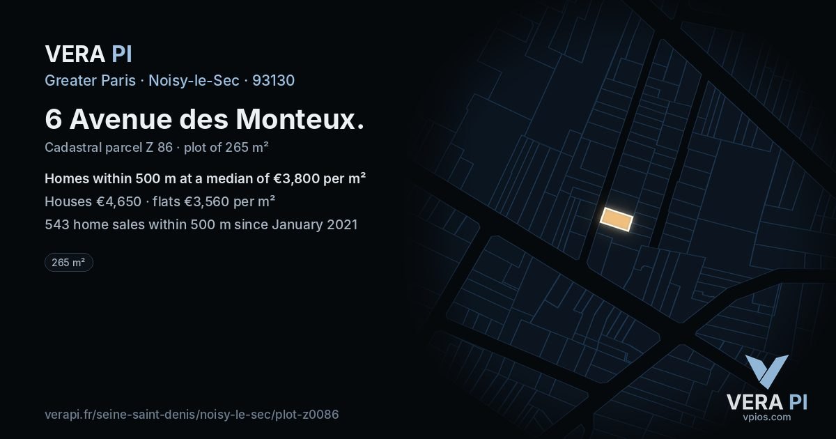 6 Avenue des Monteux, Noisy-le-Sec at night – the plot lit, the parcels around coloured by the prices near them