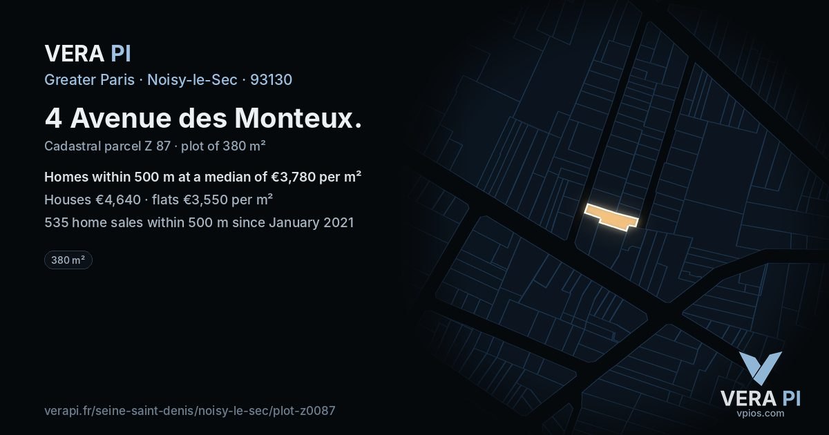 4 Avenue des Monteux, Noisy-le-Sec at night – the plot lit, the parcels around coloured by the prices near them