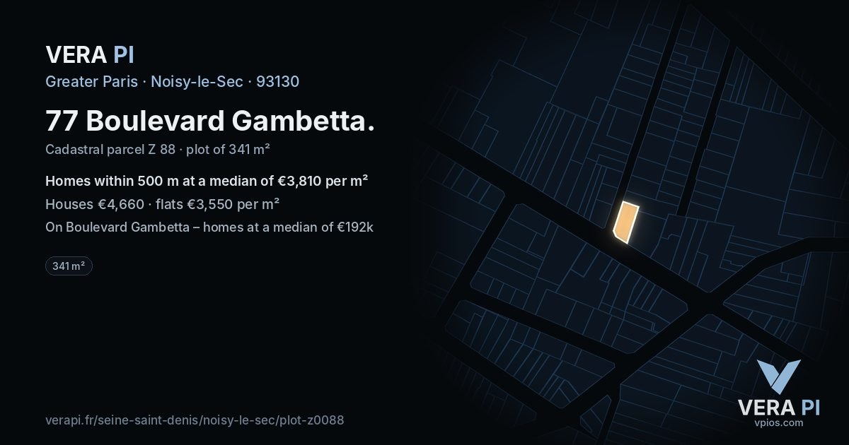 77 Boulevard Gambetta, Noisy-le-Sec at night – the plot lit, the parcels around coloured by the prices near them