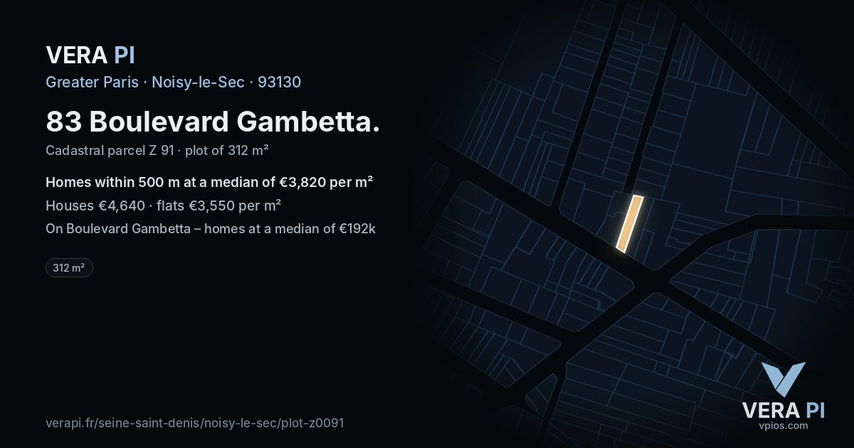 83 Boulevard Gambetta, Noisy-le-Sec at night – the plot lit, the parcels around coloured by the prices near them