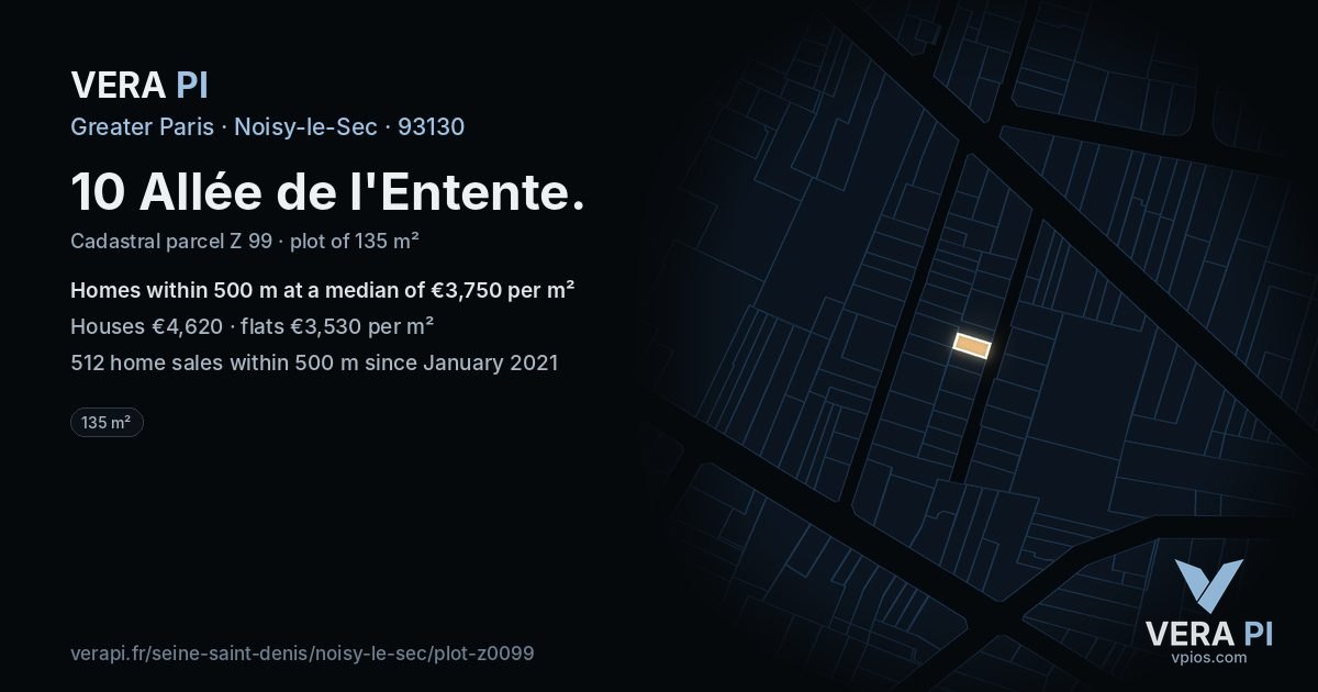 10 Allée de l'Entente, Noisy-le-Sec at night – the plot lit, the parcels around coloured by the prices near them