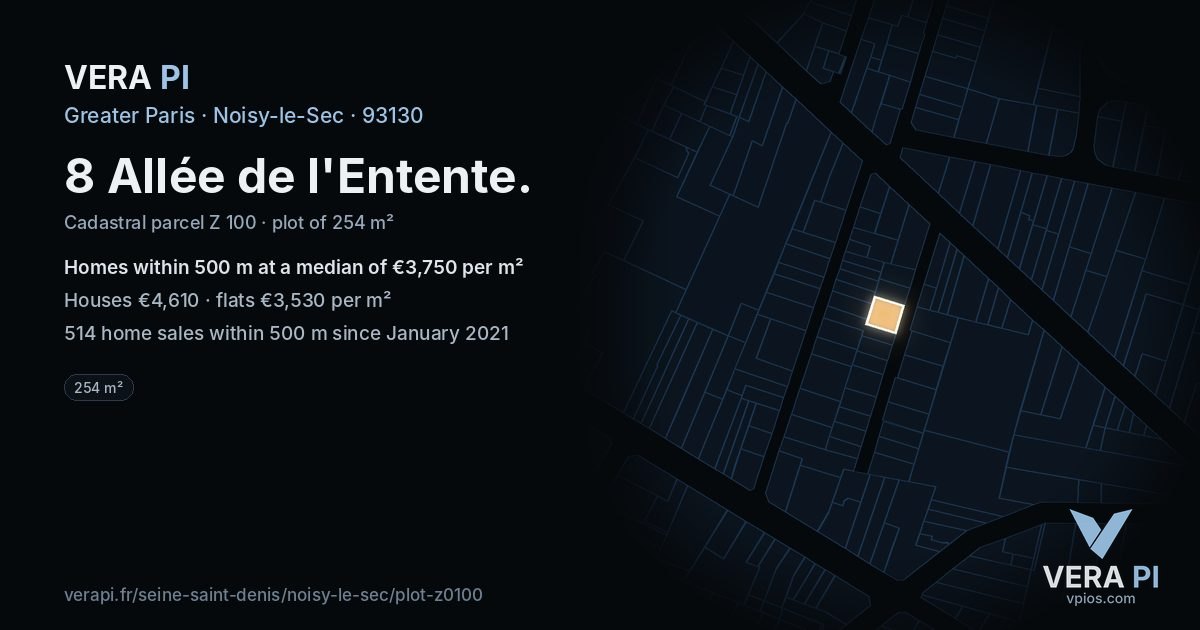 8 Allée de l'Entente, Noisy-le-Sec at night – the plot lit, the parcels around coloured by the prices near them