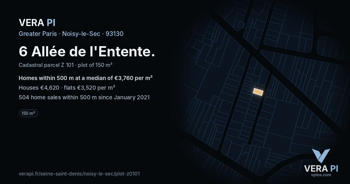 6 Allée de l'Entente, Noisy-le-Sec at night – the plot lit, the parcels around coloured by the prices near them