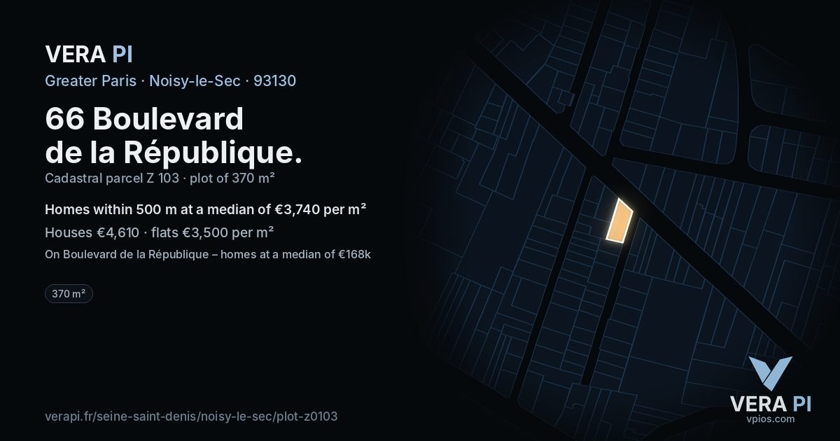 66 Boulevard de la République, Noisy-le-Sec at night – the plot lit, the parcels around coloured by the prices near them