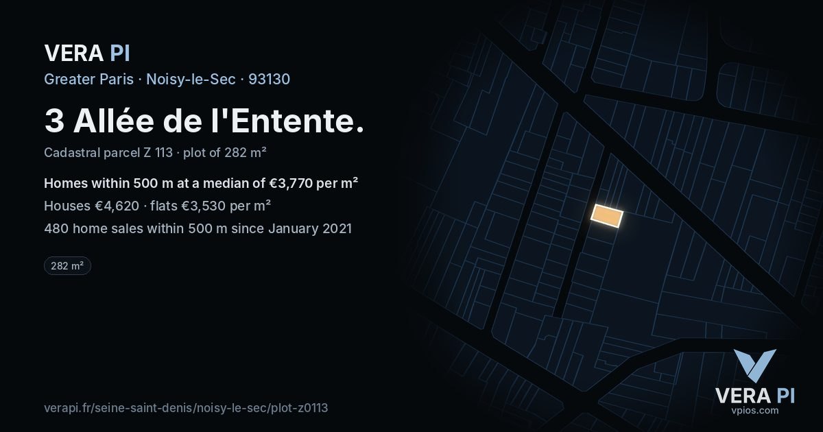 3 Allée de l'Entente, Noisy-le-Sec at night – the plot lit, the parcels around coloured by the prices near them
