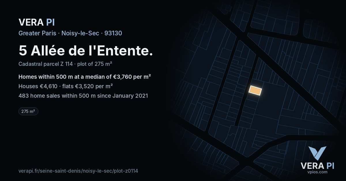 5 Allée de l'Entente, Noisy-le-Sec at night – the plot lit, the parcels around coloured by the prices near them