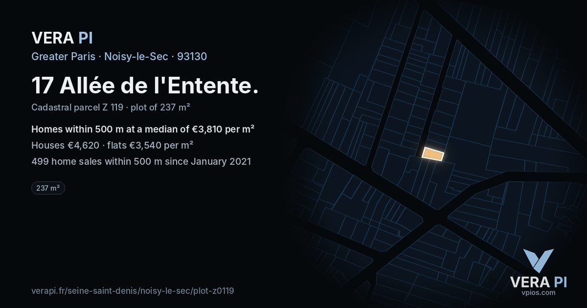 17 Allée de l'Entente, Noisy-le-Sec at night – the plot lit, the parcels around coloured by the prices near them