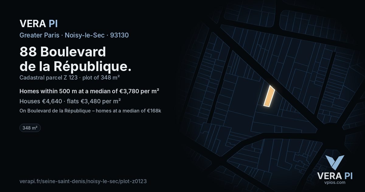 88 Boulevard de la République, Noisy-le-Sec at night – the plot lit, the parcels around coloured by the prices near them