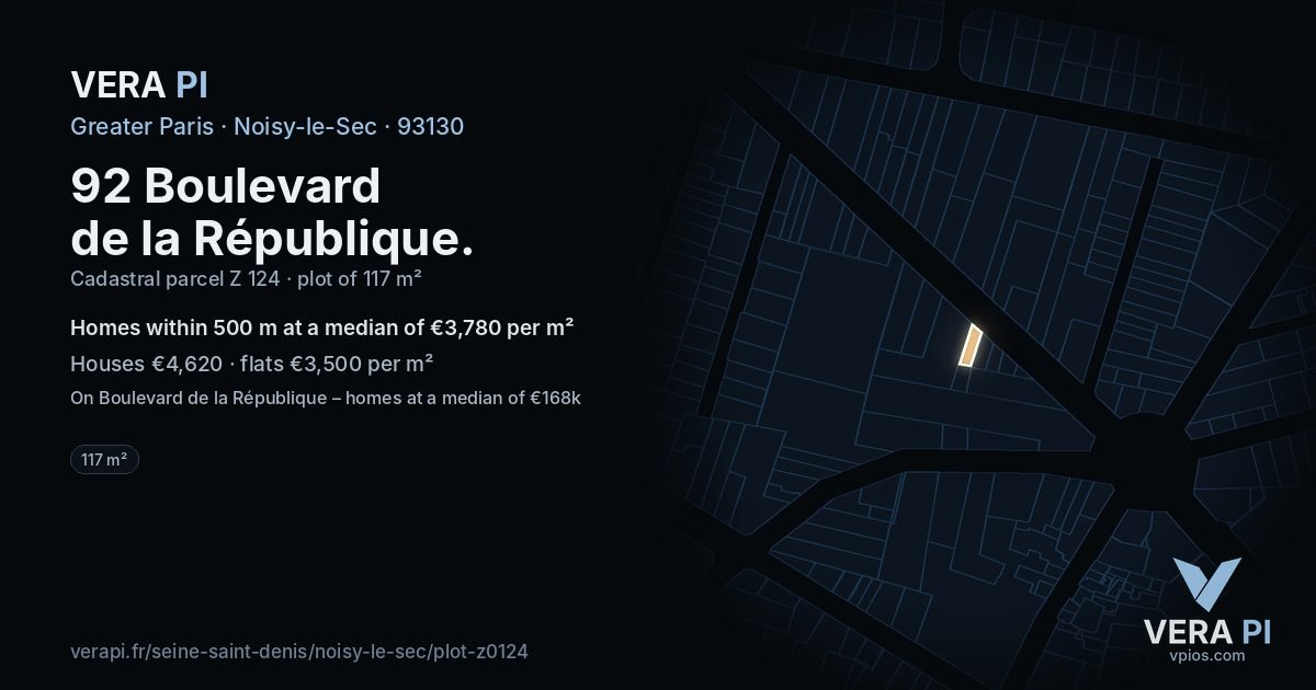 92 Boulevard de la République, Noisy-le-Sec at night – the plot lit, the parcels around coloured by the prices near them