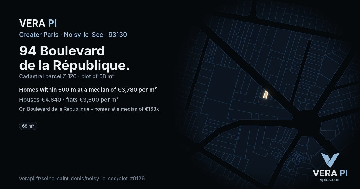 94 Boulevard de la République, Noisy-le-Sec at night – the plot lit, the parcels around coloured by the prices near them