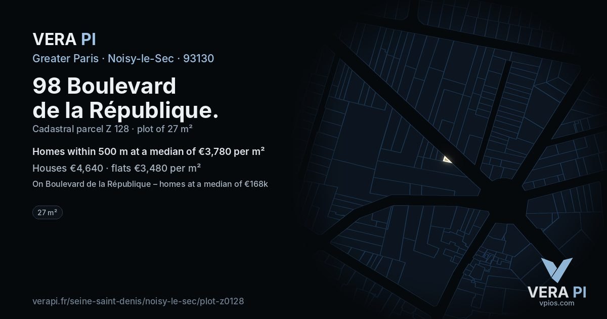 98 Boulevard de la République, Noisy-le-Sec at night – the plot lit, the parcels around coloured by the prices near them