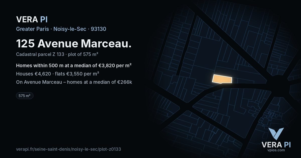 125 Avenue Marceau, Noisy-le-Sec at night – the plot lit, the parcels around coloured by the prices near them