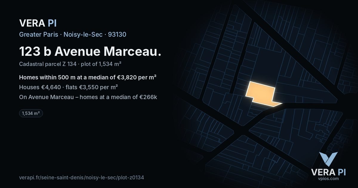 123 b Avenue Marceau, Noisy-le-Sec at night – the plot lit, the parcels around coloured by the prices near them