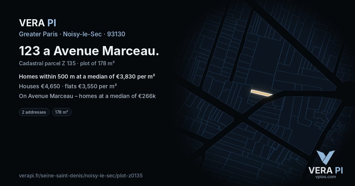 123 a Avenue Marceau, Noisy-le-Sec at night – the plot lit, the parcels around coloured by the prices near them