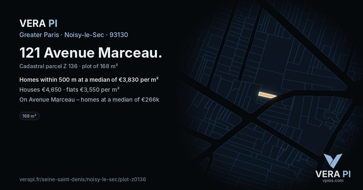 121 Avenue Marceau, Noisy-le-Sec at night – the plot lit, the parcels around coloured by the prices near them