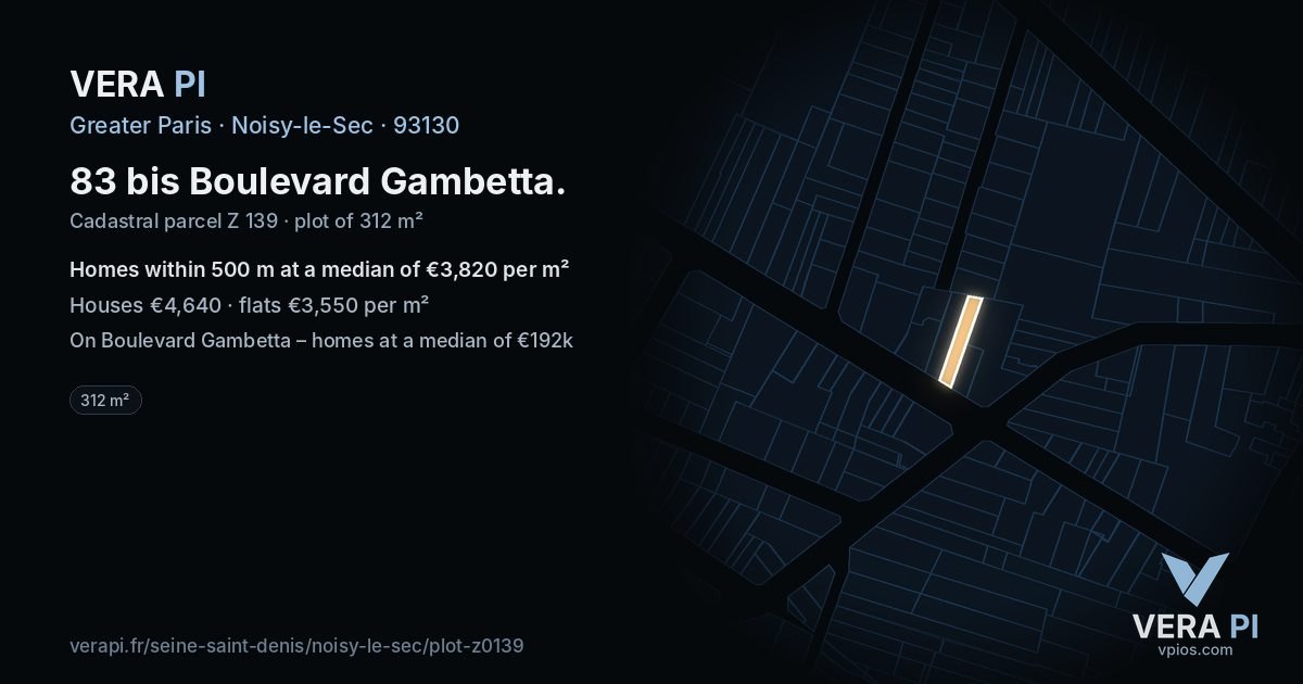 83 bis Boulevard Gambetta, Noisy-le-Sec at night – the plot lit, the parcels around coloured by the prices near them