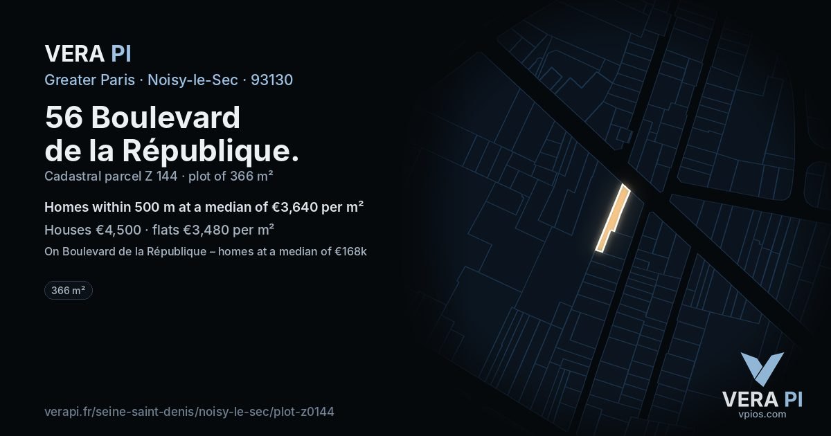 56 Boulevard de la République, Noisy-le-Sec at night – the plot lit, the parcels around coloured by the prices near them