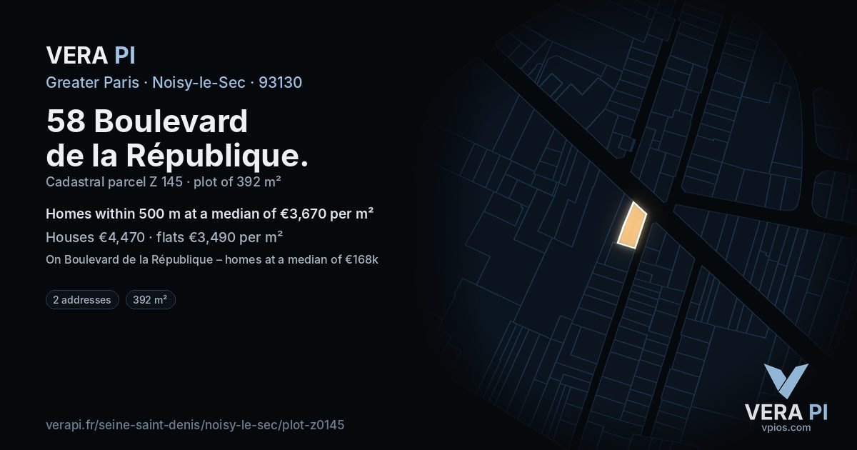 58 Boulevard de la République, Noisy-le-Sec at night – the plot lit, the parcels around coloured by the prices near them