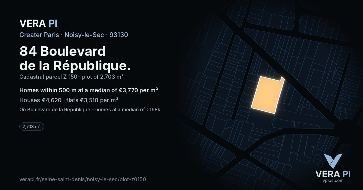 84 Boulevard de la République, Noisy-le-Sec at night – the plot lit, the parcels around coloured by the prices near them