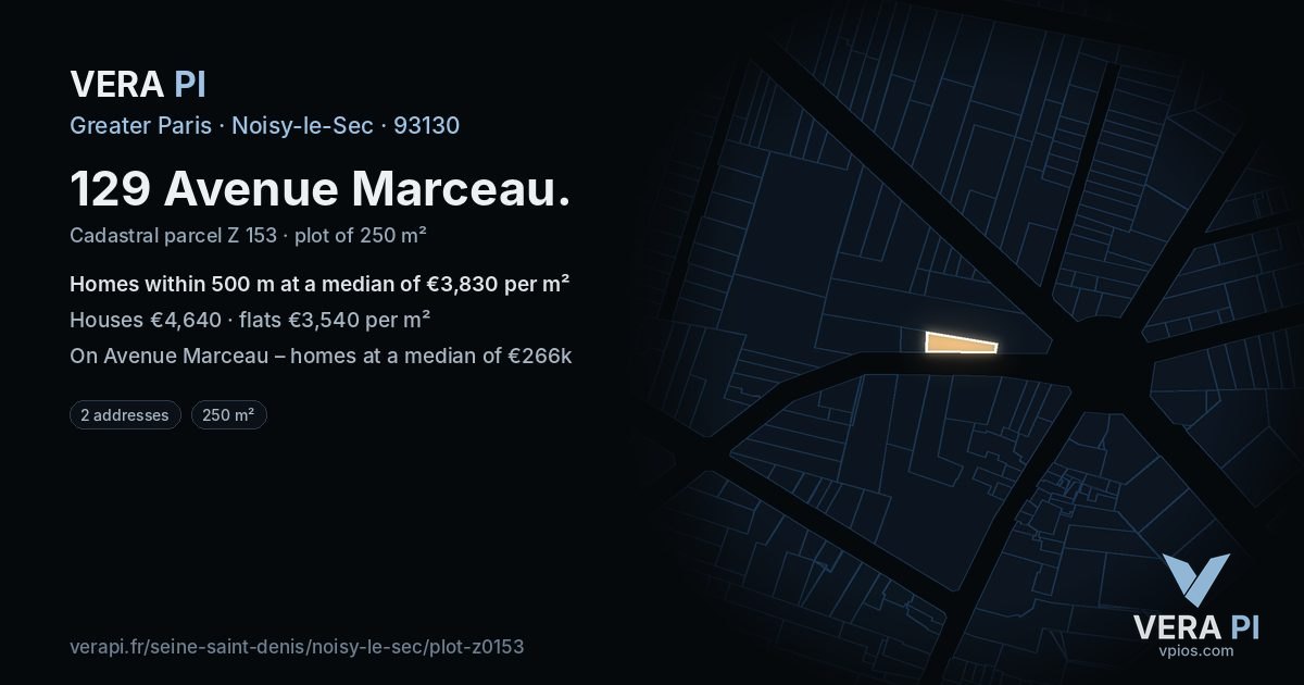 129 Avenue Marceau, Noisy-le-Sec at night – the plot lit, the parcels around coloured by the prices near them