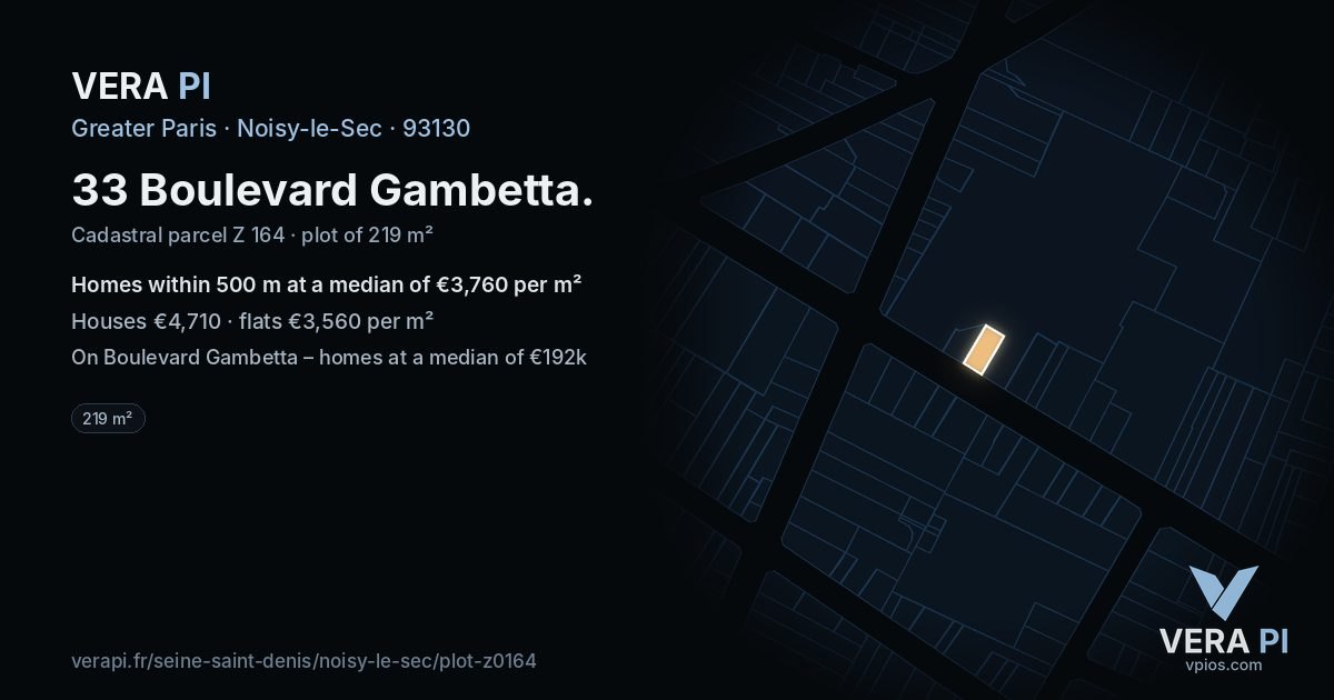 33 Boulevard Gambetta, Noisy-le-Sec at night – the plot lit, the parcels around coloured by the prices near them