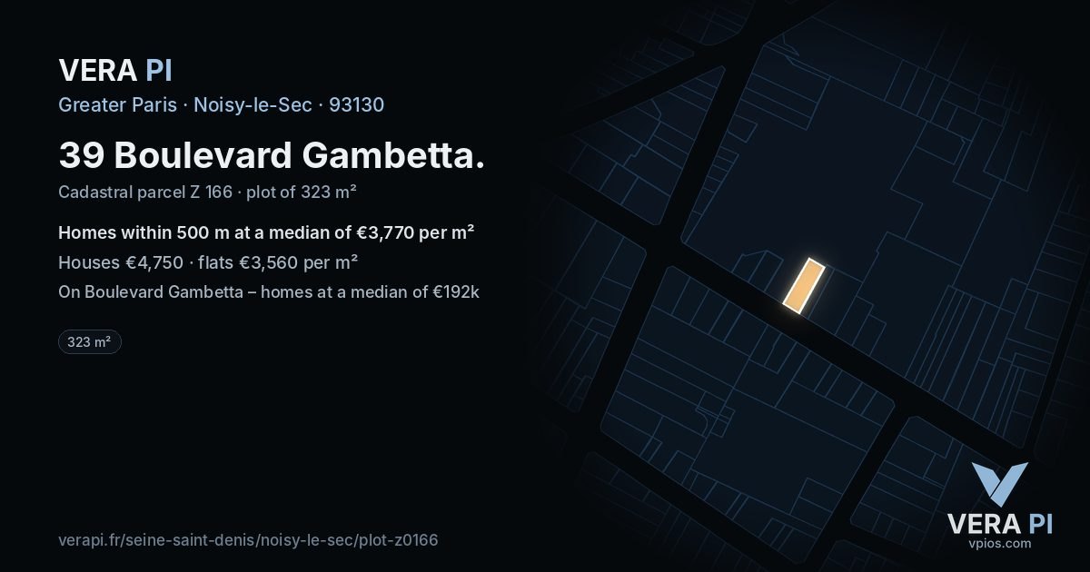 39 Boulevard Gambetta, Noisy-le-Sec at night – the plot lit, the parcels around coloured by the prices near them