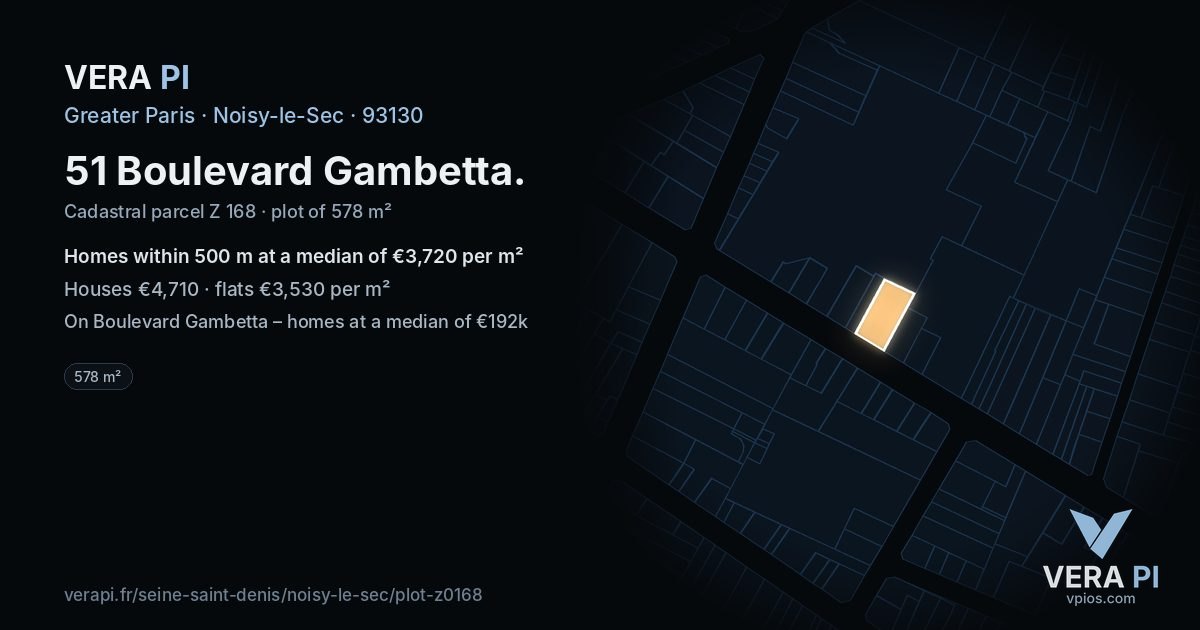 51 Boulevard Gambetta, Noisy-le-Sec at night – the plot lit, the parcels around coloured by the prices near them