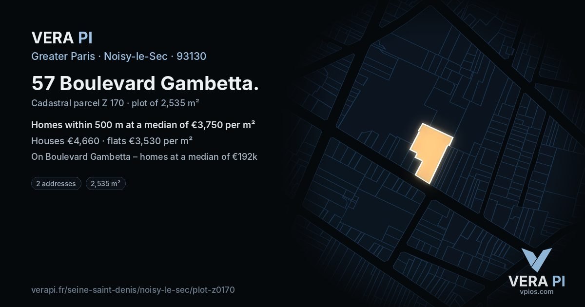 57 Boulevard Gambetta, Noisy-le-Sec at night – the plot lit, the parcels around coloured by the prices near them