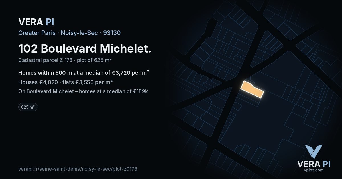 102 Boulevard Michelet, Noisy-le-Sec at night – the plot lit, the parcels around coloured by the prices near them