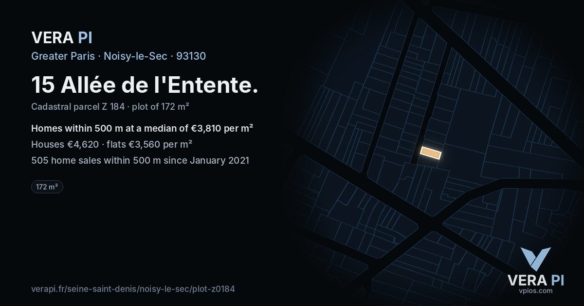 15 Allée de l'Entente, Noisy-le-Sec at night – the plot lit, the parcels around coloured by the prices near them
